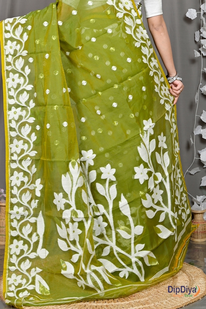 Dark Green Cotton Blended Parinit Jamdani Saree (343)